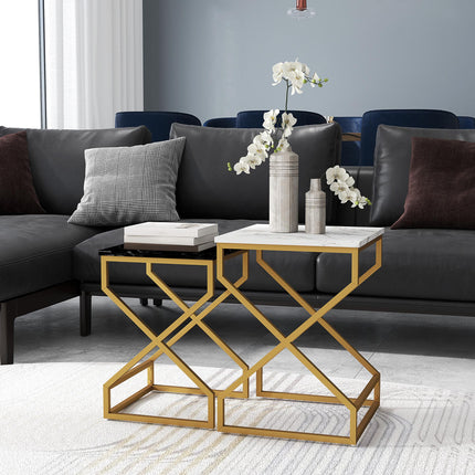 Set of Two Marble-Effect Nesting Tables with Gold Tone Legs - Black, White