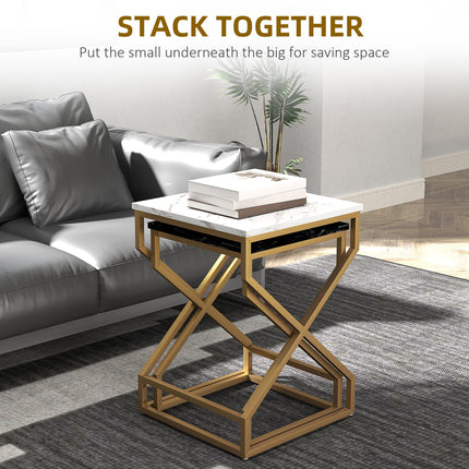 Set of Two Marble-Effect Nesting Tables with Gold Tone Legs - Black, White