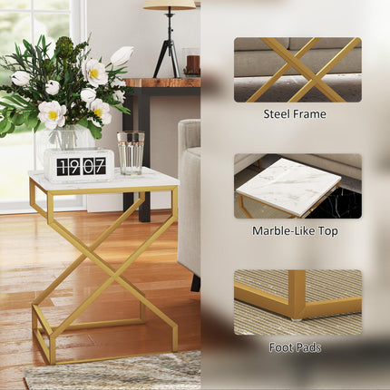 Set of Two Marble-Effect Nesting Tables with Gold Tone Legs - Black, White