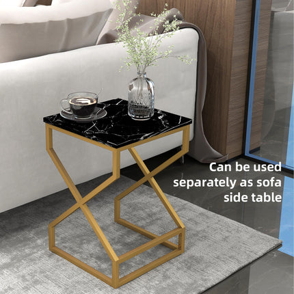 Set of Two Marble-Effect Nesting Tables with Gold Tone Legs - Black, White