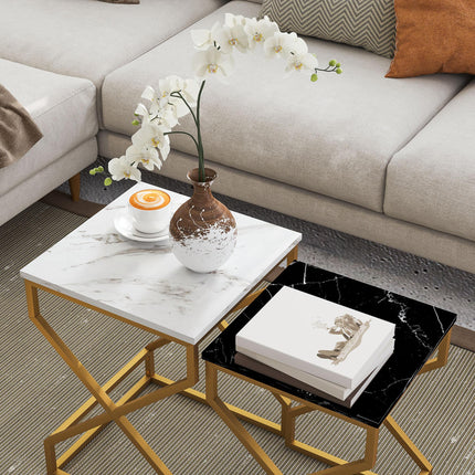 Set of Two Marble-Effect Nesting Tables with Gold Tone Legs - Black, White