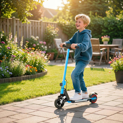 Folding Electric Scooter for Kids 6-14 with Dual Brakes, Front Suspension & LED Lights - Blue