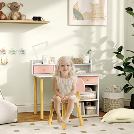 2 Piece Kids Study Table and Chair Set with Storage - Pink