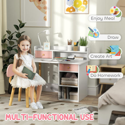 2 Piece Kids Study Table and Chair Set with Storage - Pink