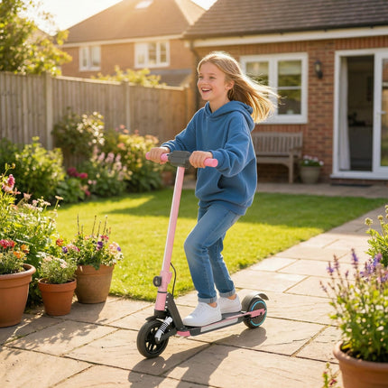 Folding Electric Scooter for Kids 6-14 with Dual Brakes, Suspension, LED Lights & Display, 6.8kg Aluminium, 14 KM/H - Pink