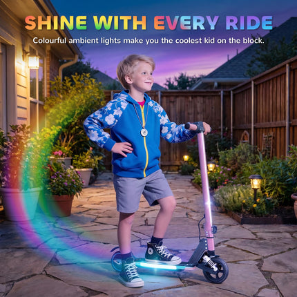 Folding Electric Scooter for Kids 6-14 with Dual Brakes, Suspension, LED Lights & Display, 6.8kg Aluminium, 14 KM/H - Pink