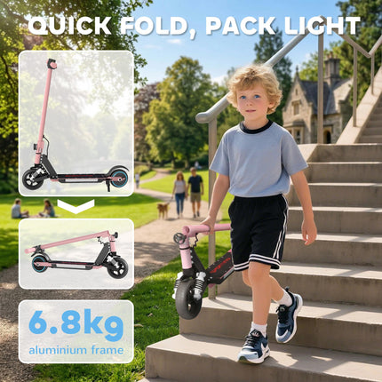 Folding Electric Scooter for Kids 6-14 with Dual Brakes, Suspension, LED Lights & Display, 6.8kg Aluminium, 14 KM/H - Pink
