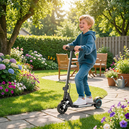 Folding Electric Scooter for Kids 6-14 with Dual Brakes, Front Suspension, LED Lights & Display, 6.8kg Aluminium, 14km/h - Black