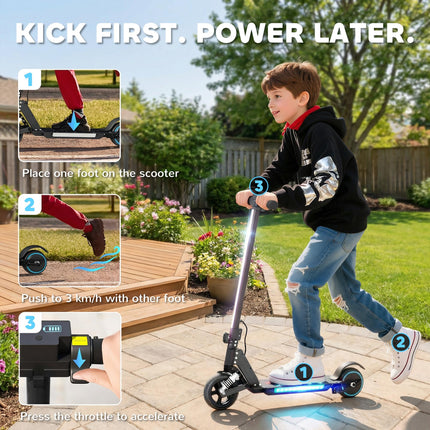 Folding Electric Scooter for Kids 6-14 with Dual Brakes, Front Suspension, LED Lights & Display, 6.8kg Aluminium, 14km/h - Black