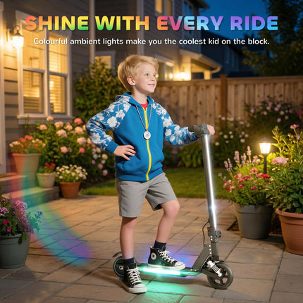 Folding Electric Scooter for Kids 6-14 with Dual Brakes, Front Suspension, LED Lights & Display, 6.8kg Aluminium, 14km/h - Black