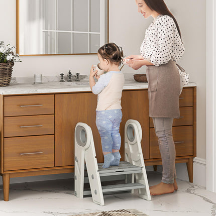 Adjustable Foldable Toddler Tower Step Stool with Non-Slip Surface - Grey