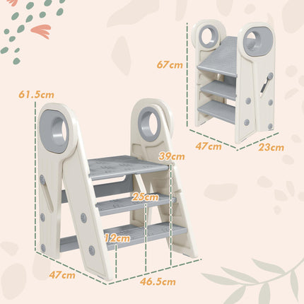 Adjustable Foldable Toddler Tower Step Stool with Non-Slip Surface - Grey