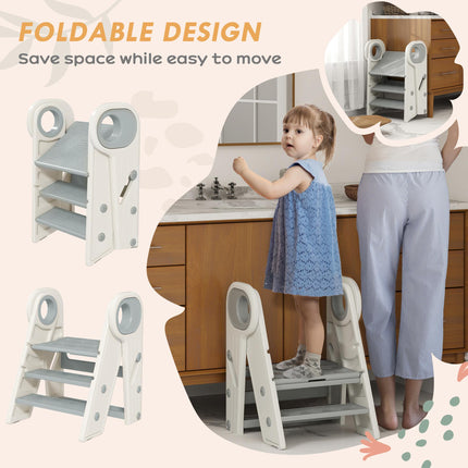 Adjustable Foldable Toddler Tower Step Stool with Non-Slip Surface - Grey
