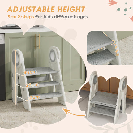 Adjustable Foldable Toddler Tower Step Stool with Non-Slip Surface - Grey
