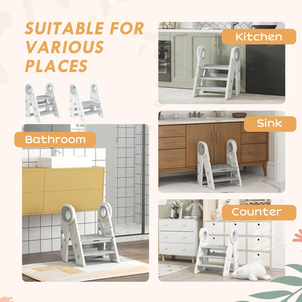 Adjustable Foldable Toddler Tower Step Stool with Non-Slip Surface - Grey