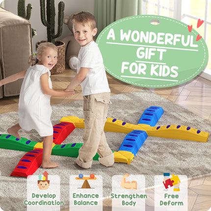 12PC Kids Balance Beam Stepping Stones with Non-Slip Pads - Multicoloured
