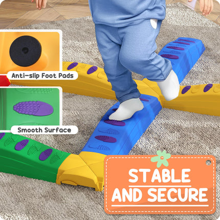 12PC Kids Balance Beam Stepping Stones with Non-Slip Pads - Multicoloured