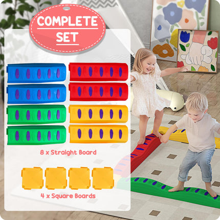 12PC Kids Balance Beam Stepping Stones with Non-Slip Pads - Multicoloured