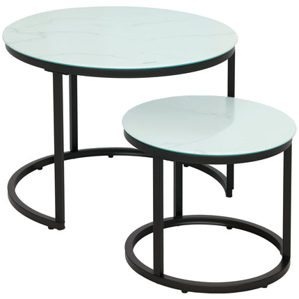 Round Nesting Glass Coffee Table Set of 2 with Marble-Effect Tempered Glass and Steel Frame - White