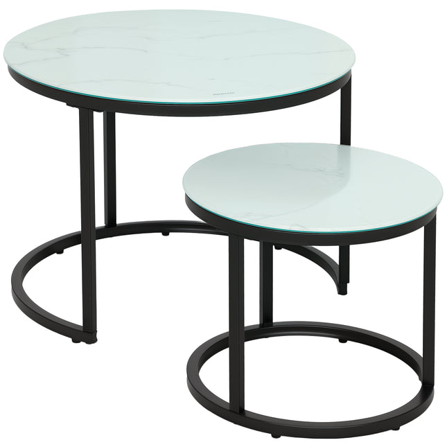 Round Nesting Glass Coffee Table Set of 2 with Marble-Effect Tempered Glass and Steel Frame - White