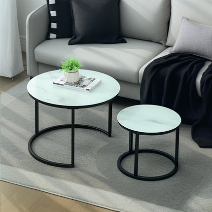 Round Nesting Glass Coffee Table Set of 2 with Marble-Effect Tempered Glass and Steel Frame - White