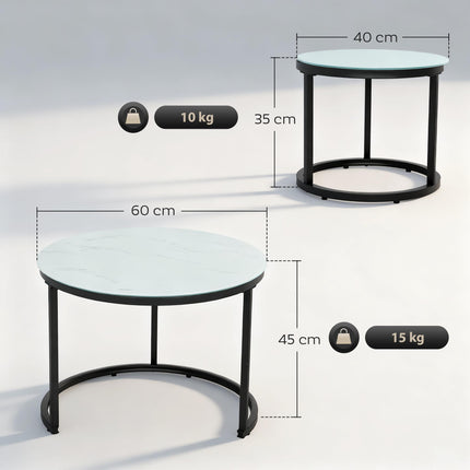 Round Nesting Glass Coffee Table Set of 2 with Marble-Effect Tempered Glass and Steel Frame - White