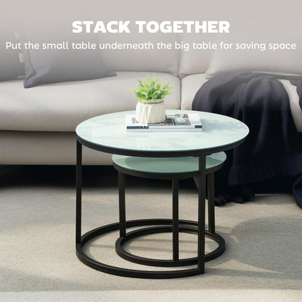 Round Nesting Glass Coffee Table Set of 2 with Marble-Effect Tempered Glass and Steel Frame - White
