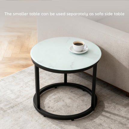 Round Nesting Glass Coffee Table Set of 2 with Marble-Effect Tempered Glass and Steel Frame - White
