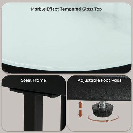 Round Nesting Glass Coffee Table Set of 2 with Marble-Effect Tempered Glass and Steel Frame - White