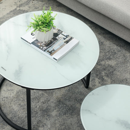 Round Nesting Glass Coffee Table Set of 2 with Marble-Effect Tempered Glass and Steel Frame - White