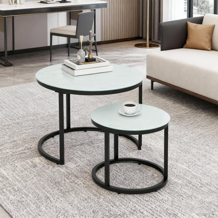 Round Nesting Glass Coffee Table Set of 2 with Marble-Effect Tempered Glass and Steel Frame - White