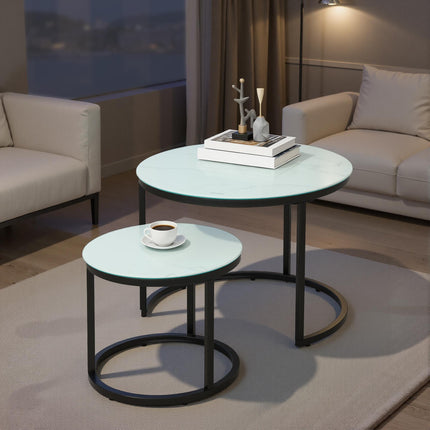 Round Nesting Glass Coffee Table Set of 2 with Marble-Effect Tempered Glass and Steel Frame - White