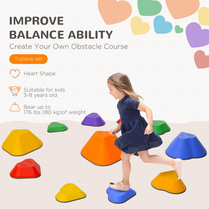 11PC Heart-Shaped Kids Stepping Stones for Balance & Motor Skills - Multicoloured