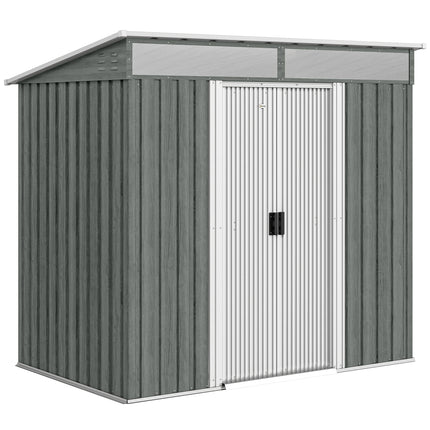 6.5 x 4FT Galvanised Metal Shed with Foundation Kit, Lockable Tool Garden Shed with Double Sliding Doors, Vents, Light Grey Wood Effect