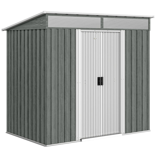 6.5 x 4FT Galvanised Metal Shed with Foundation Kit, Lockable Tool Garden Shed with Double Sliding Doors, Vents, Light Grey Wood Effect