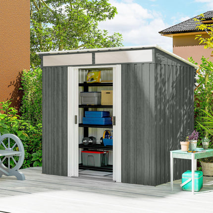 6.5 x 4FT Galvanised Metal Shed with Foundation Kit, Lockable Tool Garden Shed with Double Sliding Doors, Vents, Light Grey Wood Effect
