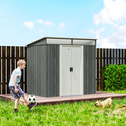 6.5 x 4FT Galvanised Metal Shed with Foundation Kit, Lockable Tool Garden Shed with Double Sliding Doors, Vents, Light Grey Wood Effect