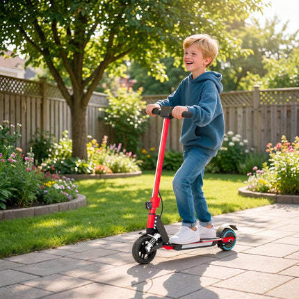 Folding Electric Scooter for Kids 6-14 with Dual Brakes, Front Suspension, LED Lights & Display - Red