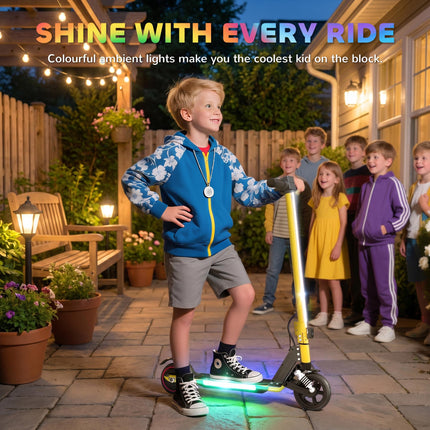 Folding Electric Scooter for Kids 6-14 with Dual Brakes, Front Suspension, LED Lights & Display - Gold Tone