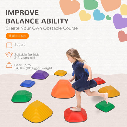 Balance Stepping Stones 11PC Non-Slip Stackable Obstacle Course for Kids - Multi-Coloured