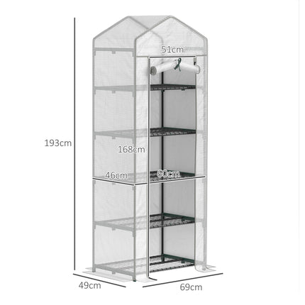 193cm Five Shelf Mini Greenhouse with PE Cover - White