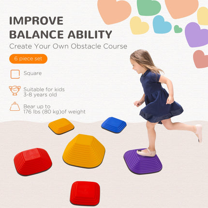Balance Stepping Stones 6PC Set for Kids Non-Slip Stackable Obstacle Course - Multi-Coloured