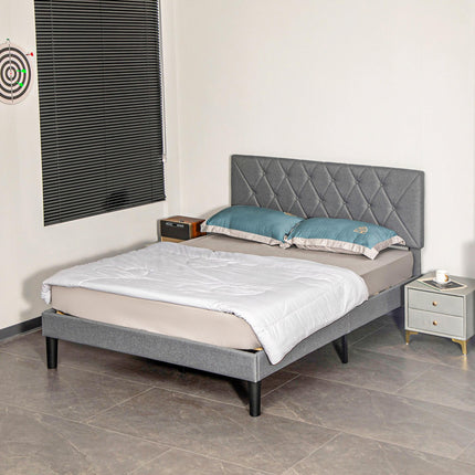King Size Adjustable Linen Upholstered Bed Frame with Headboard - Grey