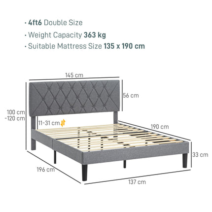 King Size Adjustable Linen Upholstered Bed Frame with Headboard - Grey
