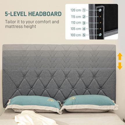 King Size Adjustable Linen Upholstered Bed Frame with Headboard - Grey