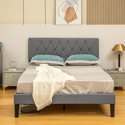 King Size Adjustable Linen Upholstered Bed Frame with Headboard - Grey