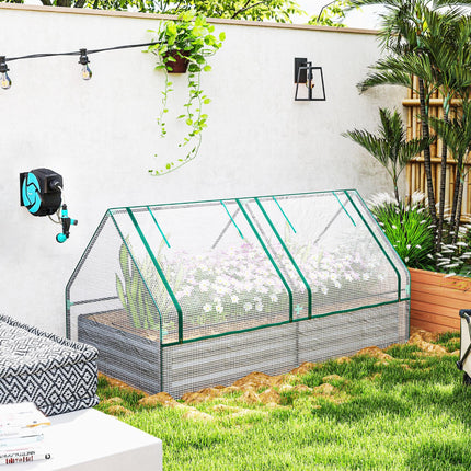 Metal Raised Garden Bed with Greenhouse Cover 185x95x92cm - White and Dark Grey