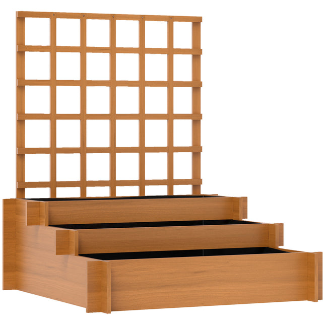 3 Tier Wooden Garden Planter with Trellis and Fabric Liners - Brown