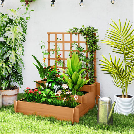 3 Tier Wooden Garden Planter with Trellis and Fabric Liners - Brown