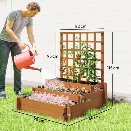 3 Tier Wooden Garden Planter with Trellis and Fabric Liners - Brown